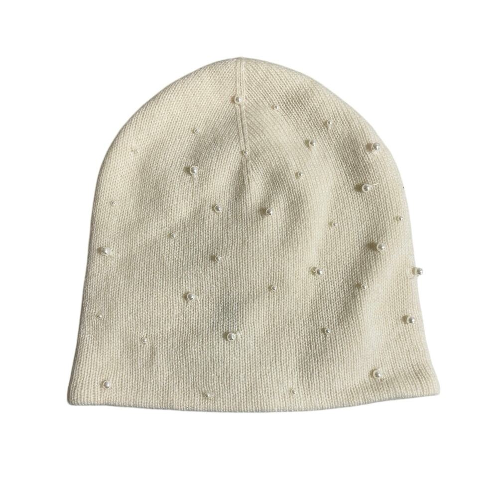 The Cashmere Project Cream 100% Cashmere Knit Beaded Pearl Bonnet Beanie OS